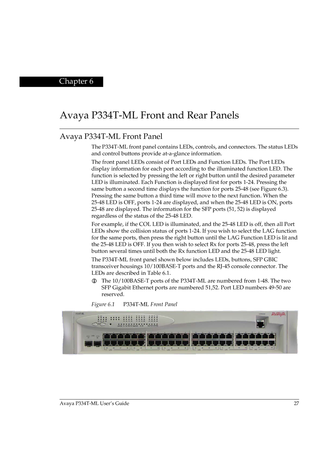 Avaya manual Avaya P334T-ML Front and Rear Panels, Avaya P334T-ML Front Panel 