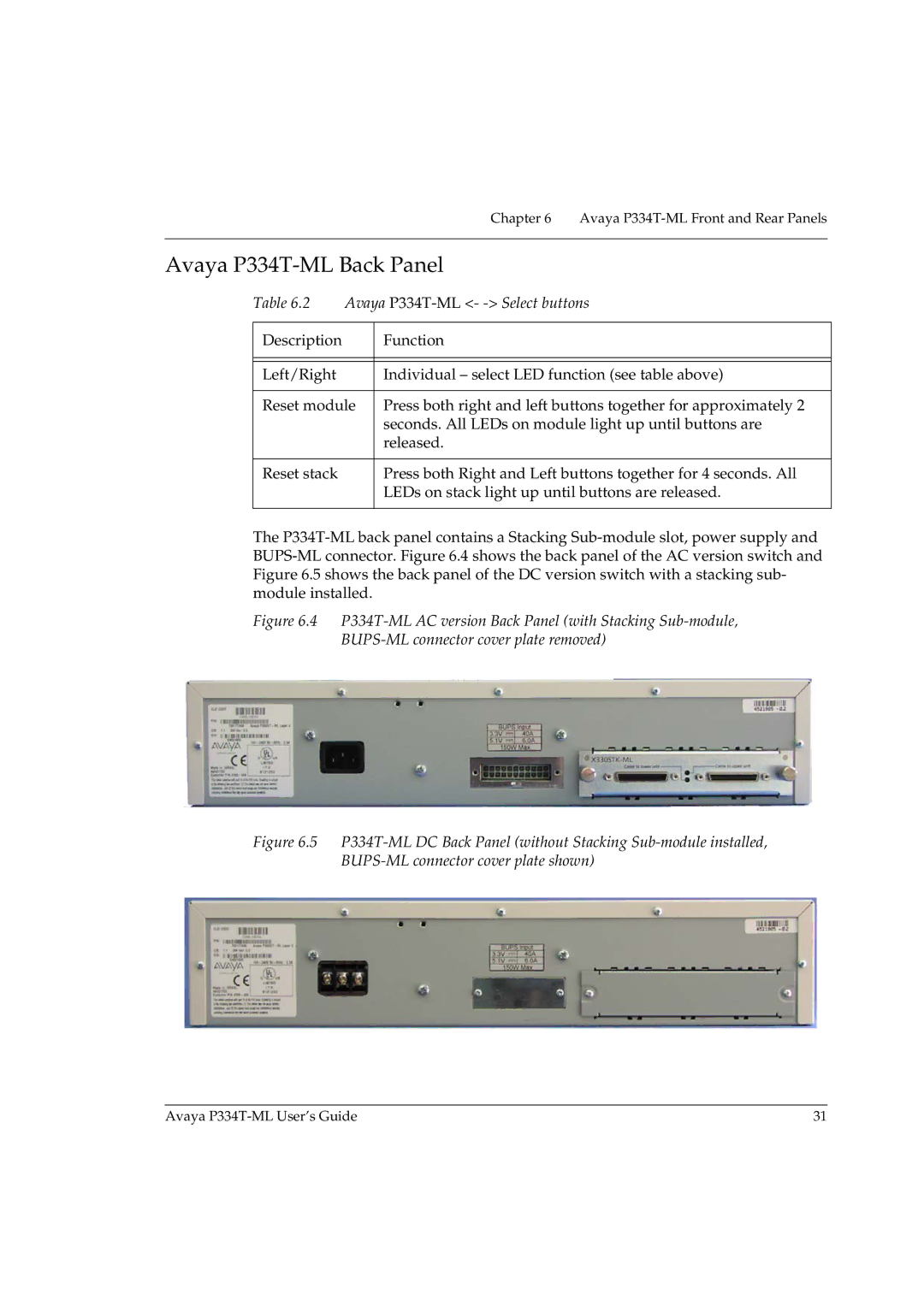 Avaya manual Avaya P334T-ML Back Panel, Avaya P334T-ML- Select buttons 