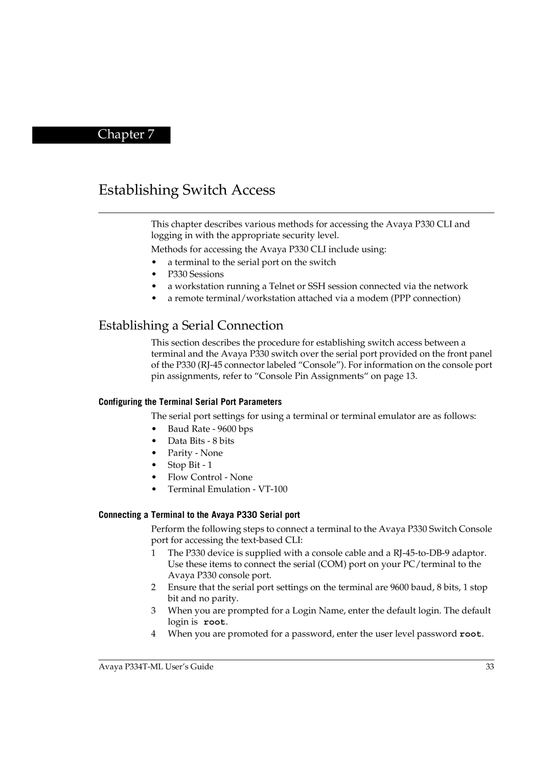 Avaya P334T-ML manual Establishing a Serial Connection, Configuring the Terminal Serial Port Parameters 