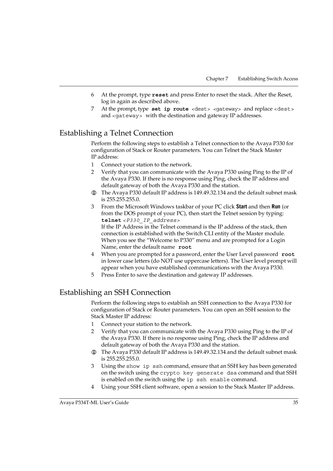 Avaya P334T-ML manual Establishing a Telnet Connection, Establishing an SSH Connection 