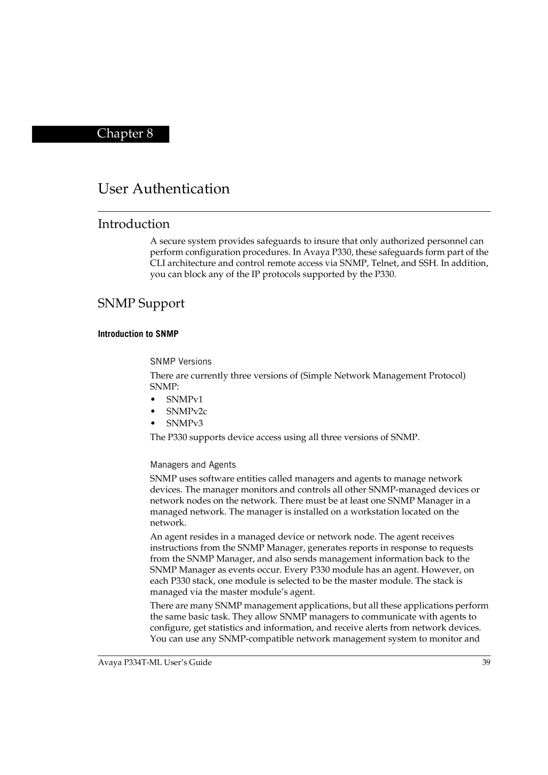 Avaya P334T-ML manual Snmp Support, Introduction to Snmp, Snmp Versions, Managers and Agents 