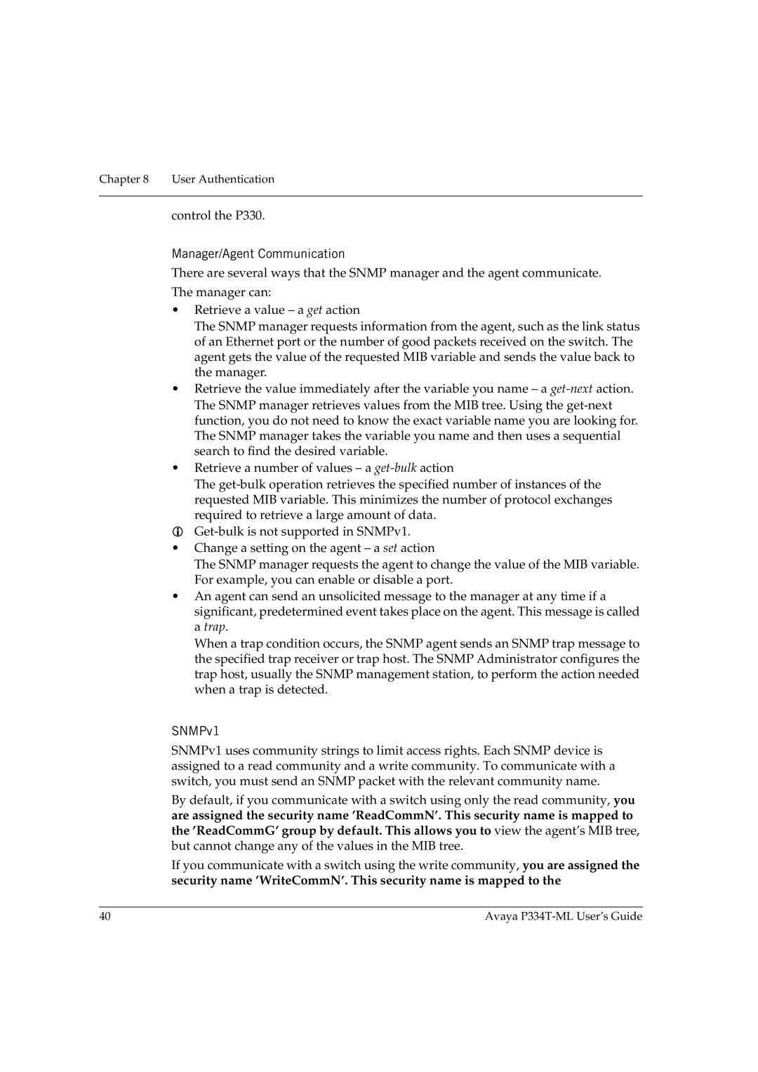 Avaya P334T-ML manual Manager/Agent Communication, SNMPv1 