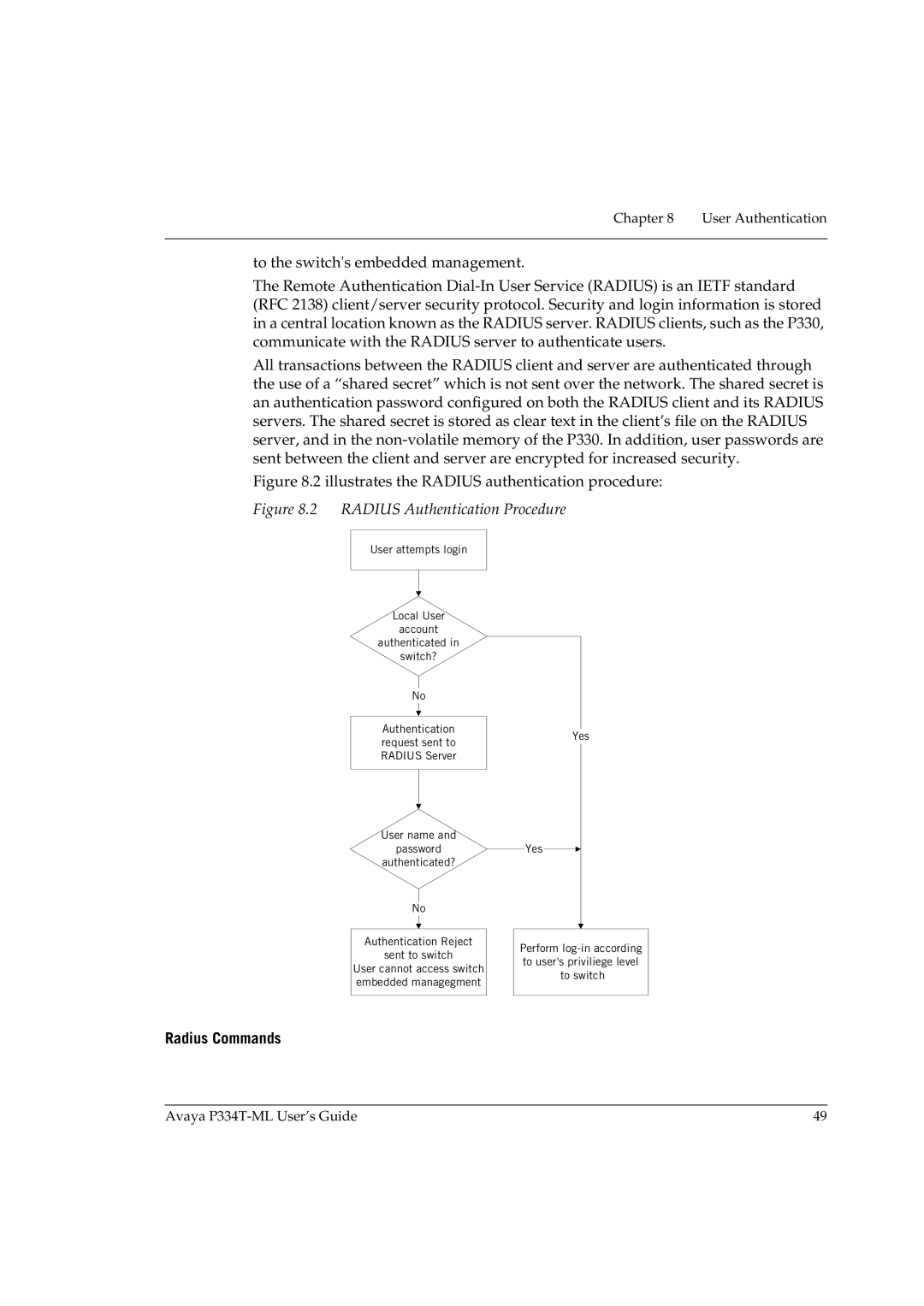 Avaya P334T-ML manual Illustrates the Radius authentication procedure, Radius Commands 