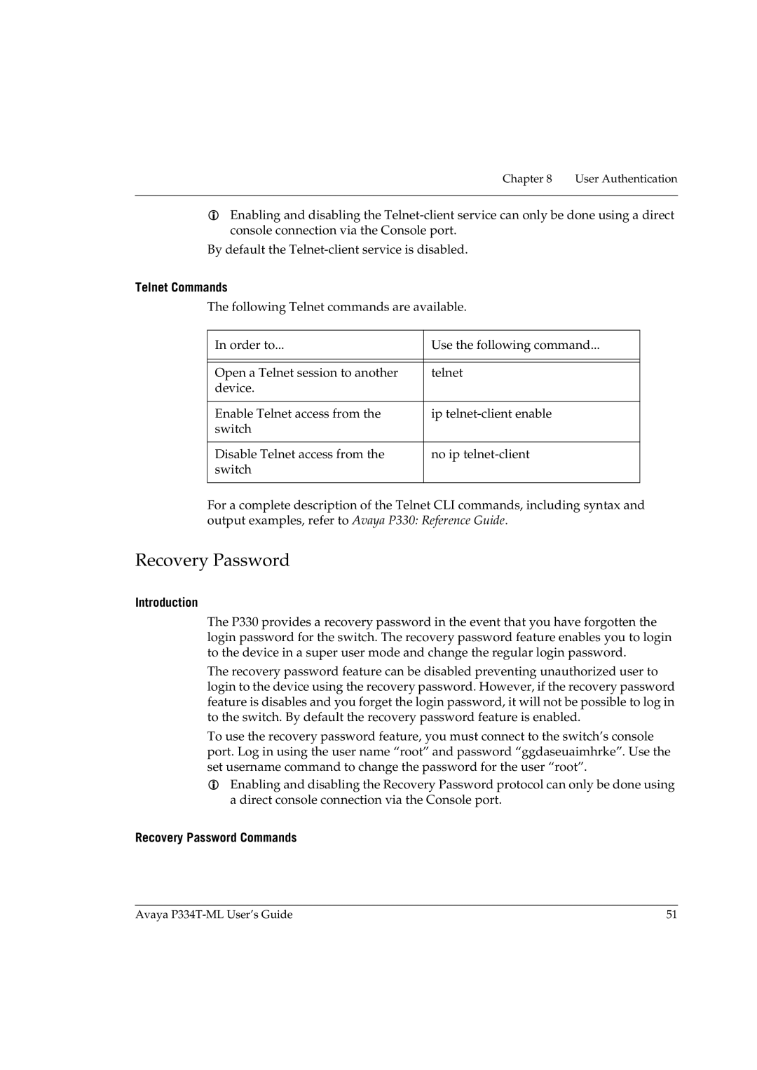 Avaya P334T-ML manual Telnet Commands, Introduction, Recovery Password Commands 