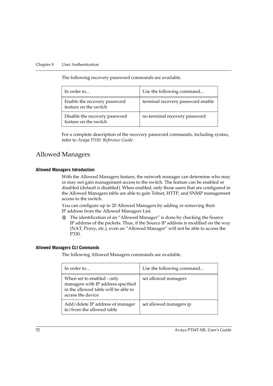 Avaya P334T-ML manual Allowed Managers Introduction, Allowed Managers CLI Commands 