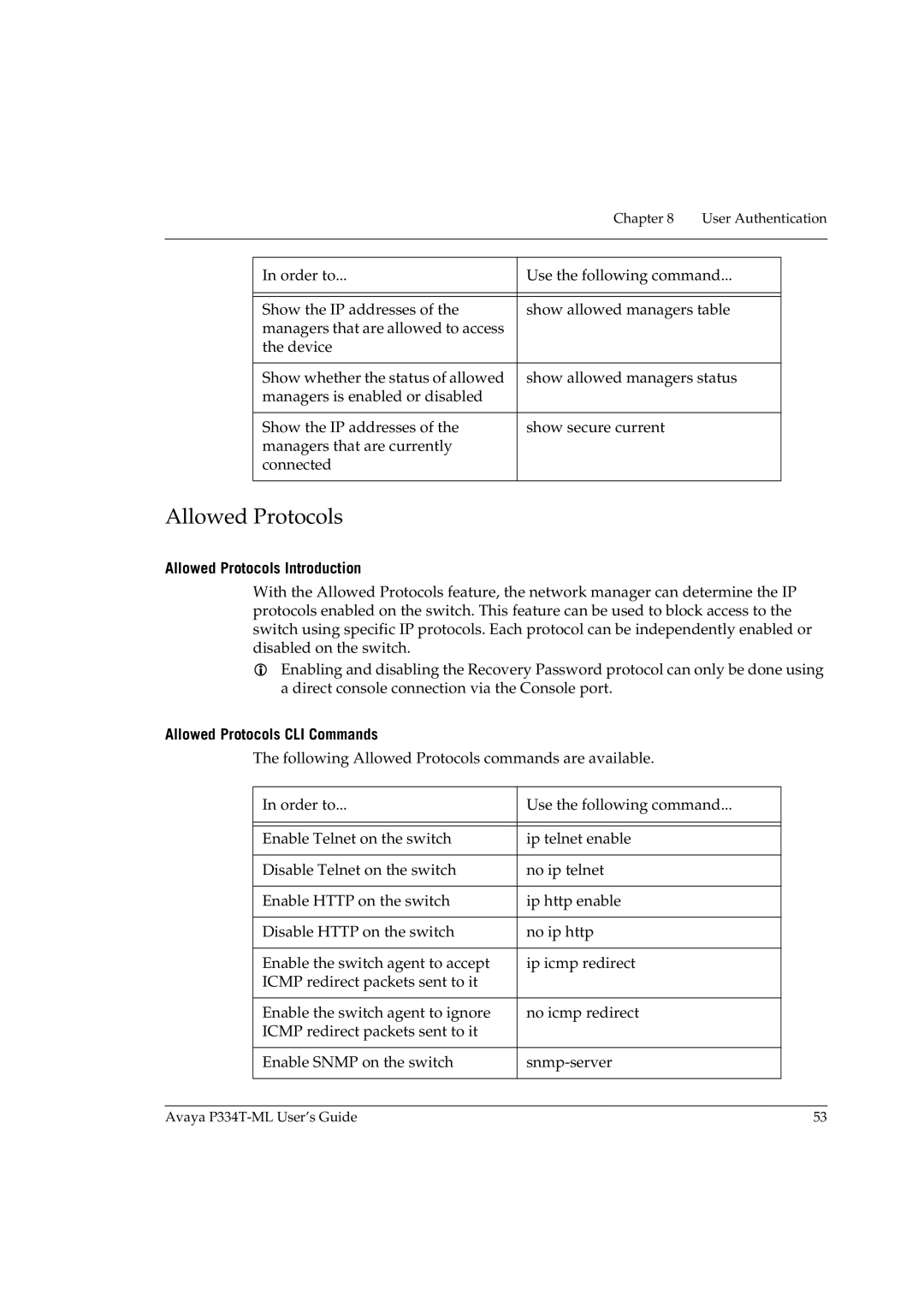 Avaya P334T-ML manual Allowed Protocols Introduction, Allowed Protocols CLI Commands 