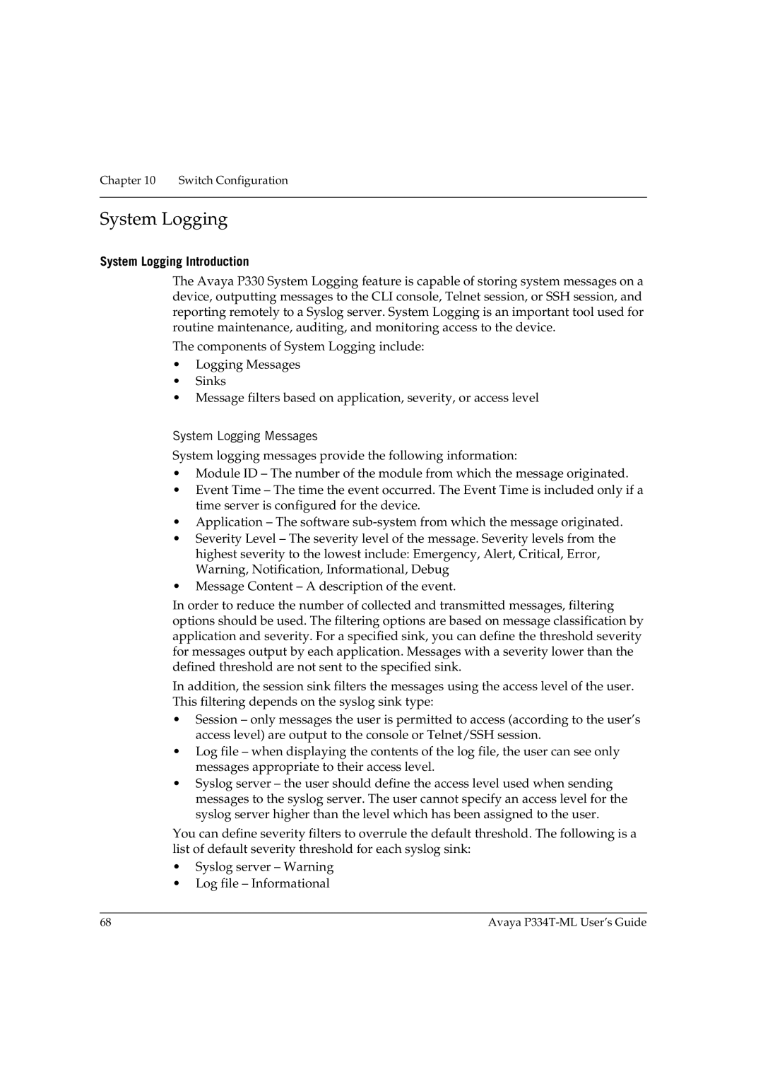 Avaya P334T-ML manual System Logging Introduction, System Logging Messages 