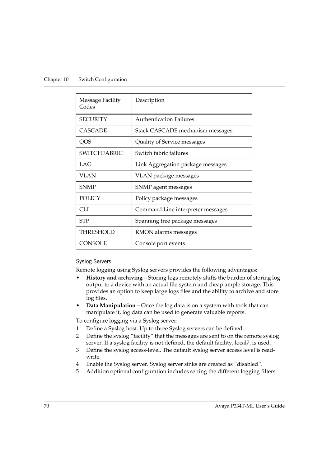 Avaya P334T-ML manual Syslog Servers 