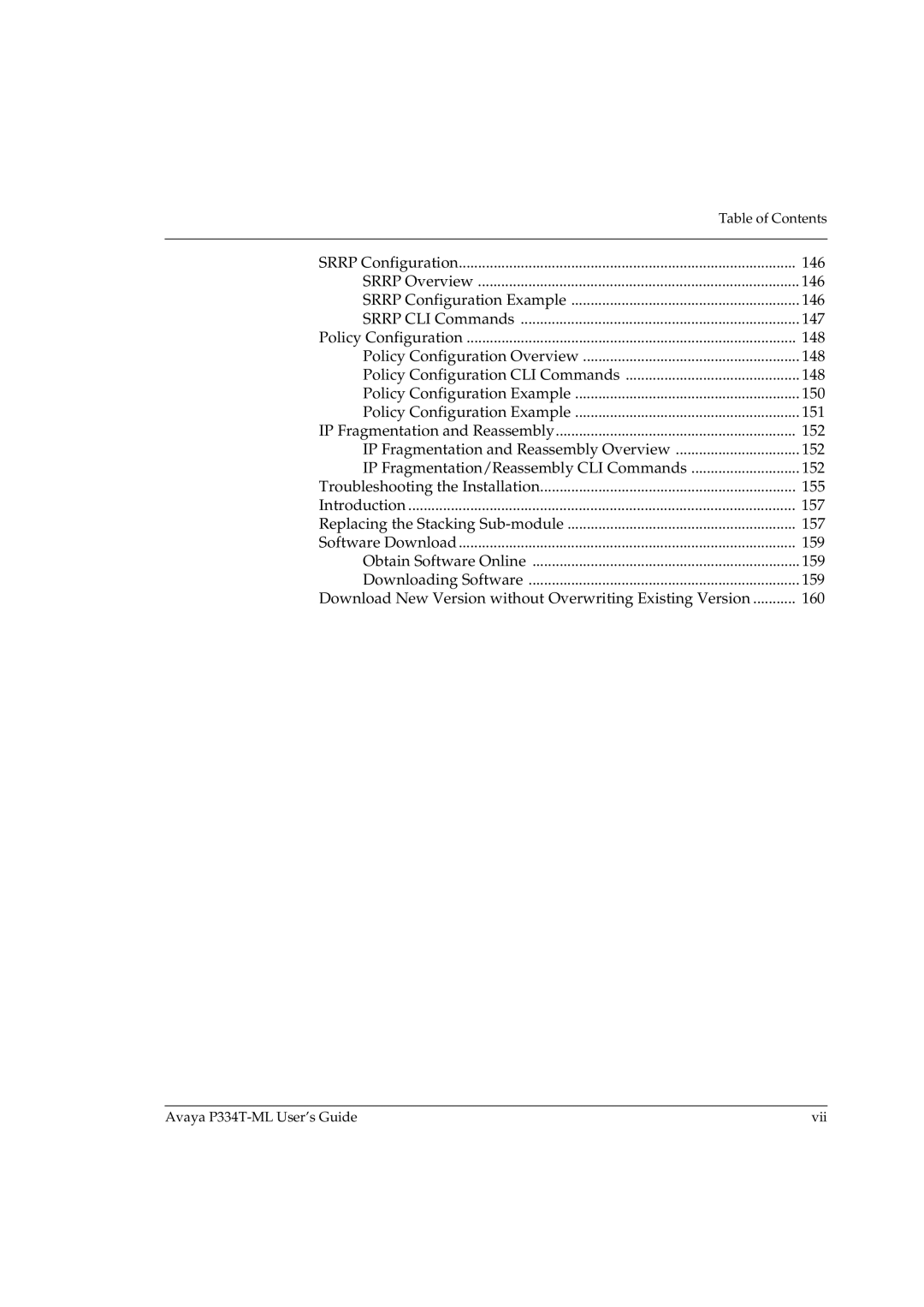 Avaya manual Avaya P334T-ML User’s Guide Vii 