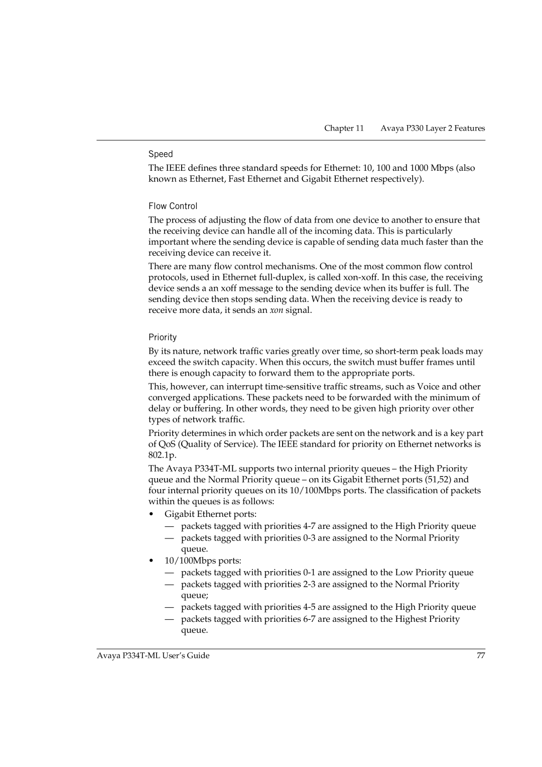 Avaya P334T-ML manual Speed, Flow Control, Priority 