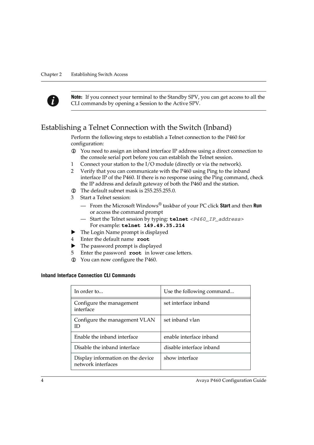 Avaya P460 manual Establishing a Telnet Connection with the Switch Inband, For example telnet 