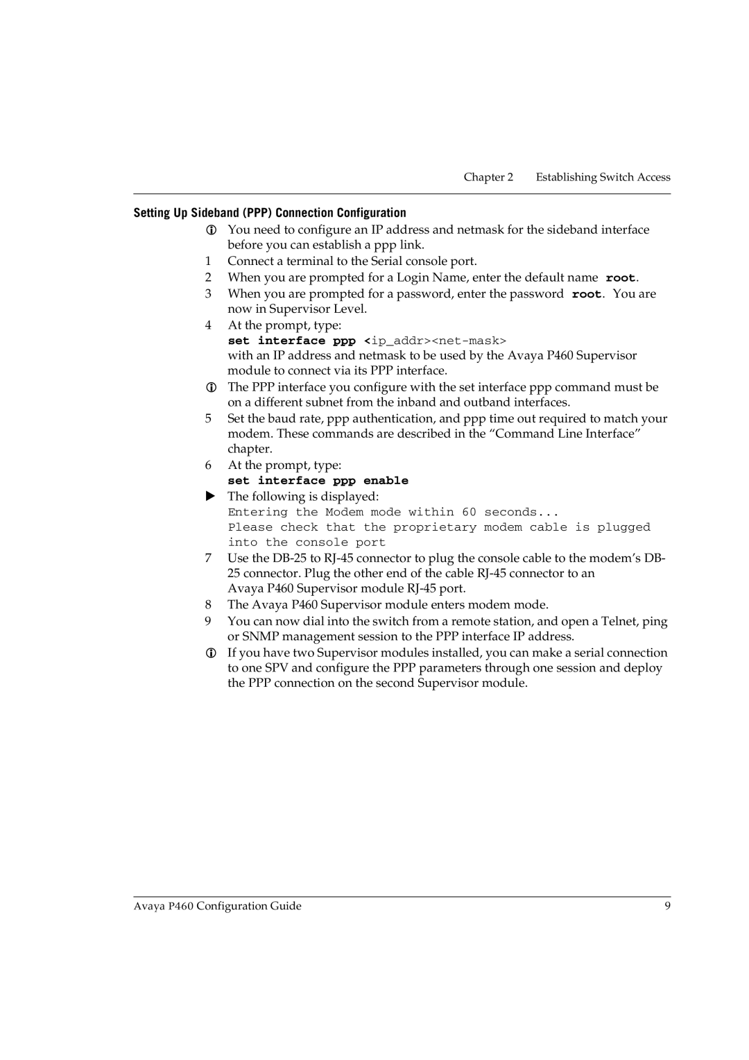 Avaya P460 Setting Up Sideband PPP Connection Configuration, Set interface ppp ipaddrnet-mask, Set interface ppp enable 