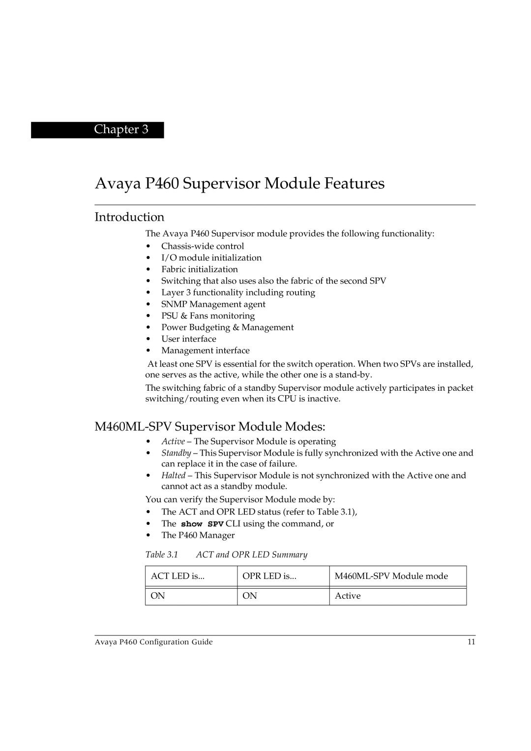 Avaya manual Avaya P460 Supervisor Module Features, M460ML-SPV Supervisor Module Modes 