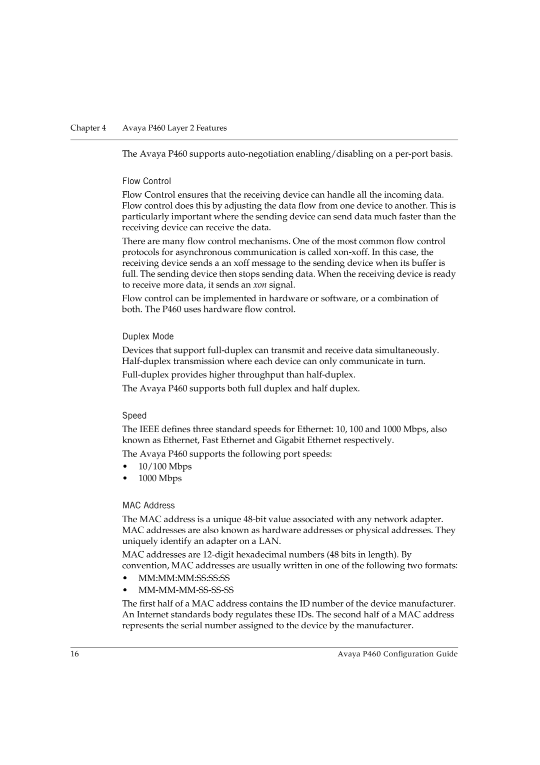 Avaya P460 manual Flow Control€, Duplex Mode€, Speed€, MAC Address€ 