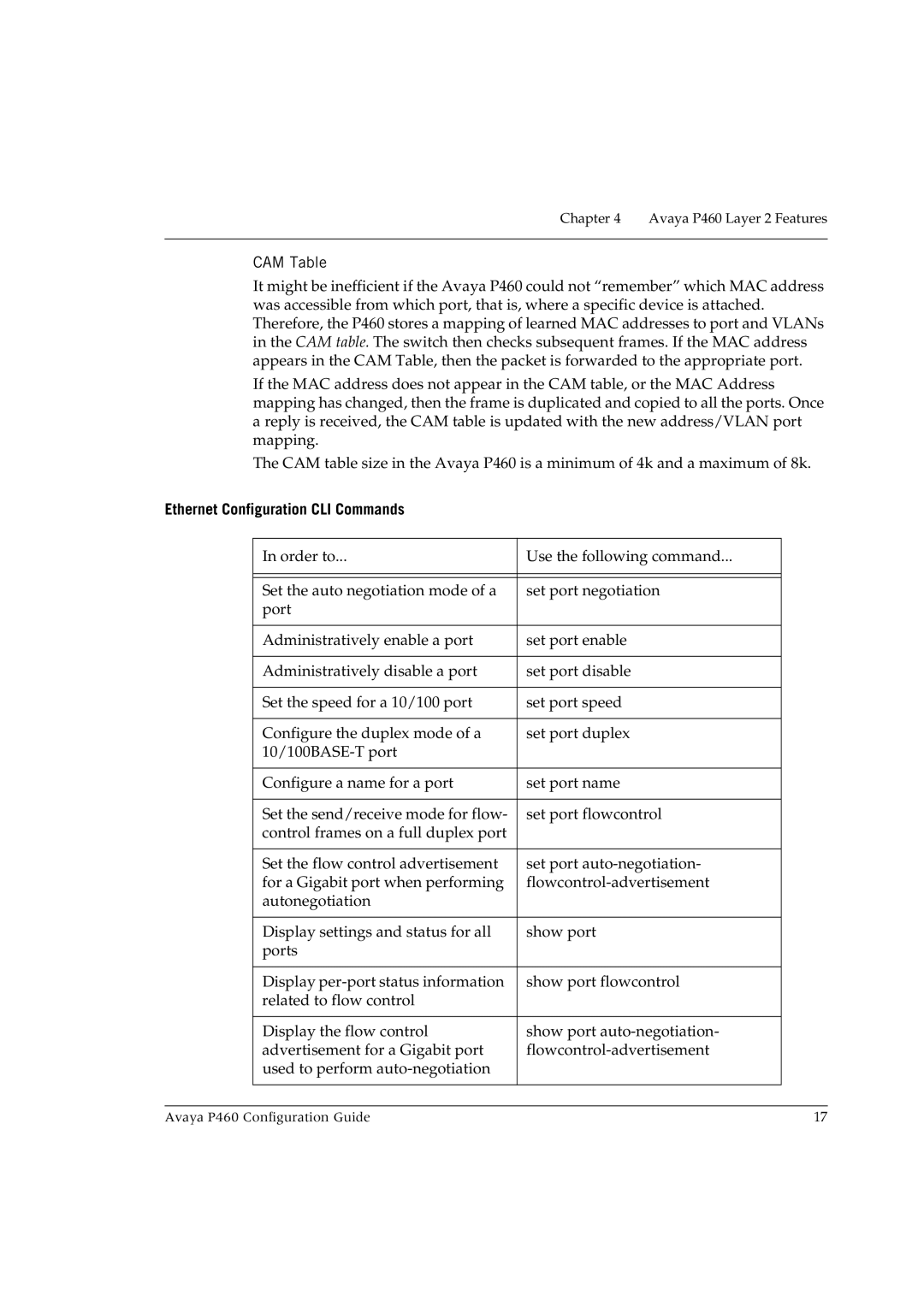 Avaya P460 manual CAM Table€, Ethernet Configuration CLI Commands 