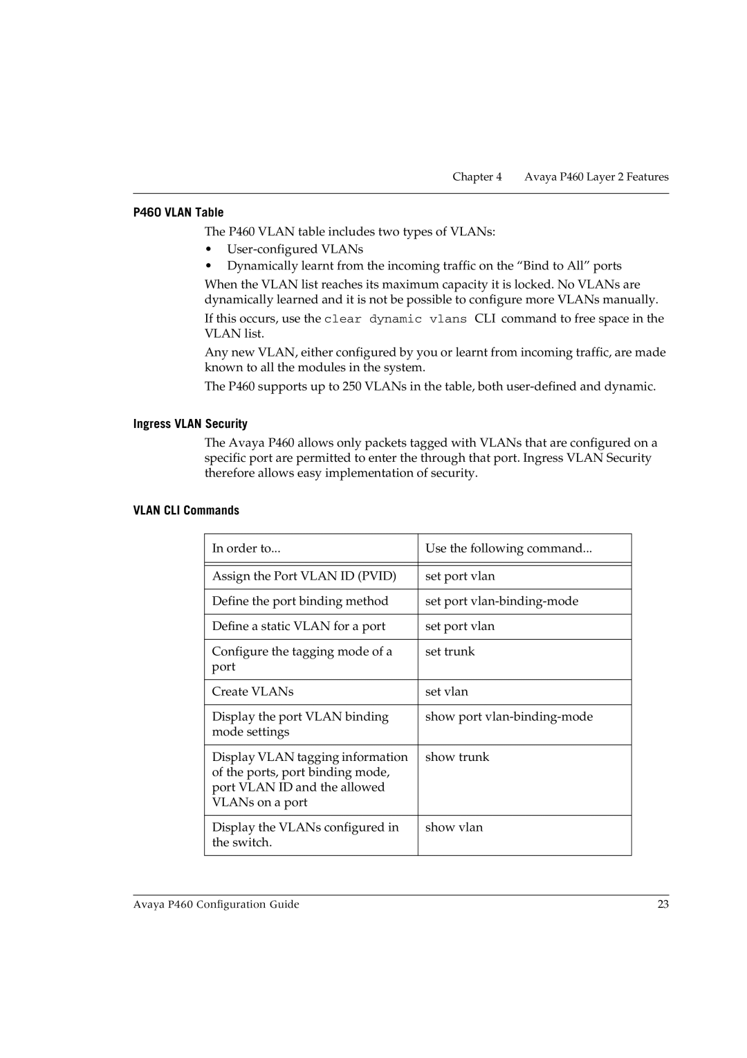 Avaya manual P460 Vlan Table, Ingress Vlan Security, Vlan CLI Commands 