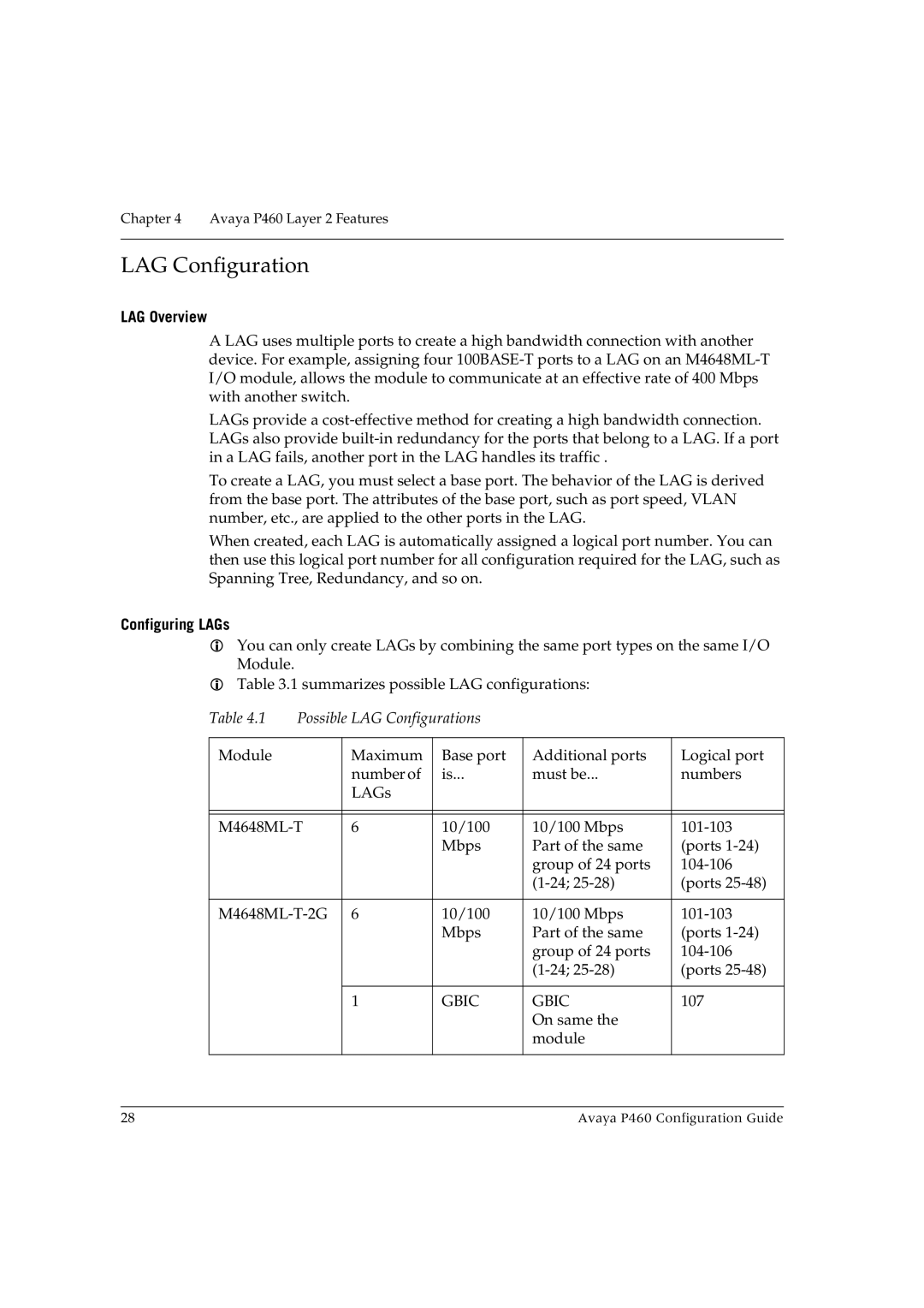 Avaya P460 manual LAG Configuration, LAG Overview, Configuring LAGs 