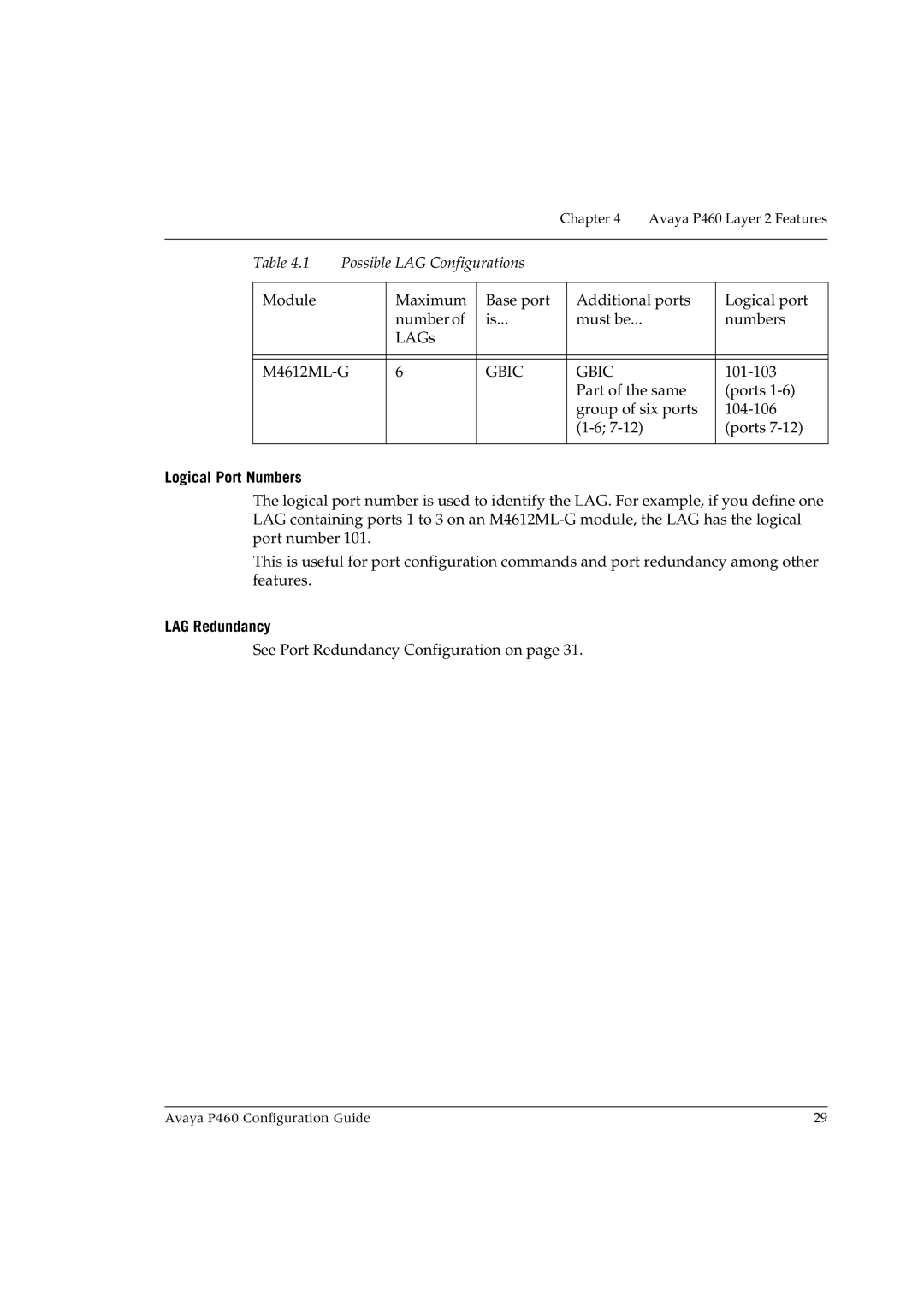 Avaya P460 manual Logical Port Numbers, LAG Redundancy 