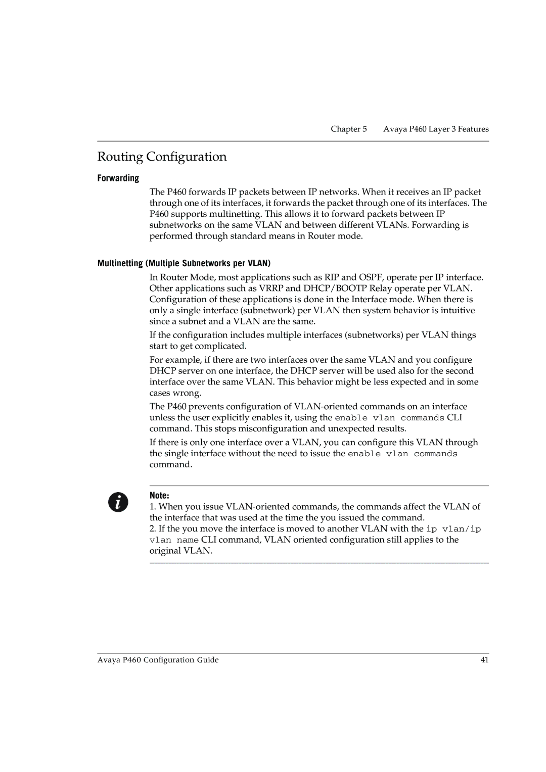 Avaya P460 manual Routing Configuration, Forwarding, Multinetting Multiple Subnetworks per Vlan 