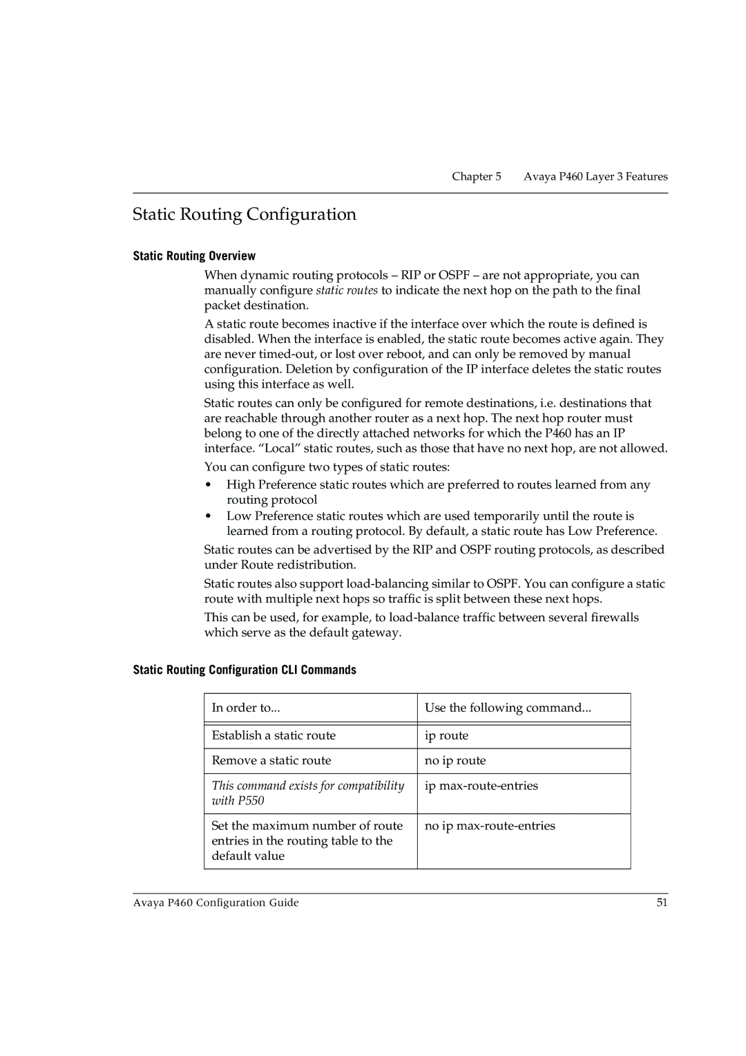 Avaya P460 manual Static Routing Overview, Static Routing Configuration CLI Commands 