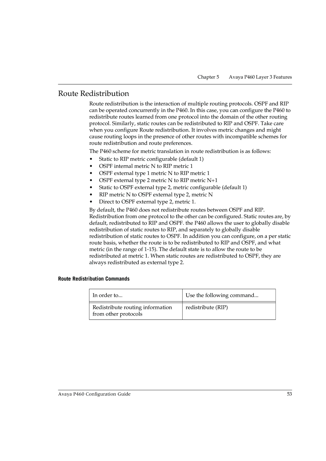 Avaya P460 manual Route Redistribution Commands 