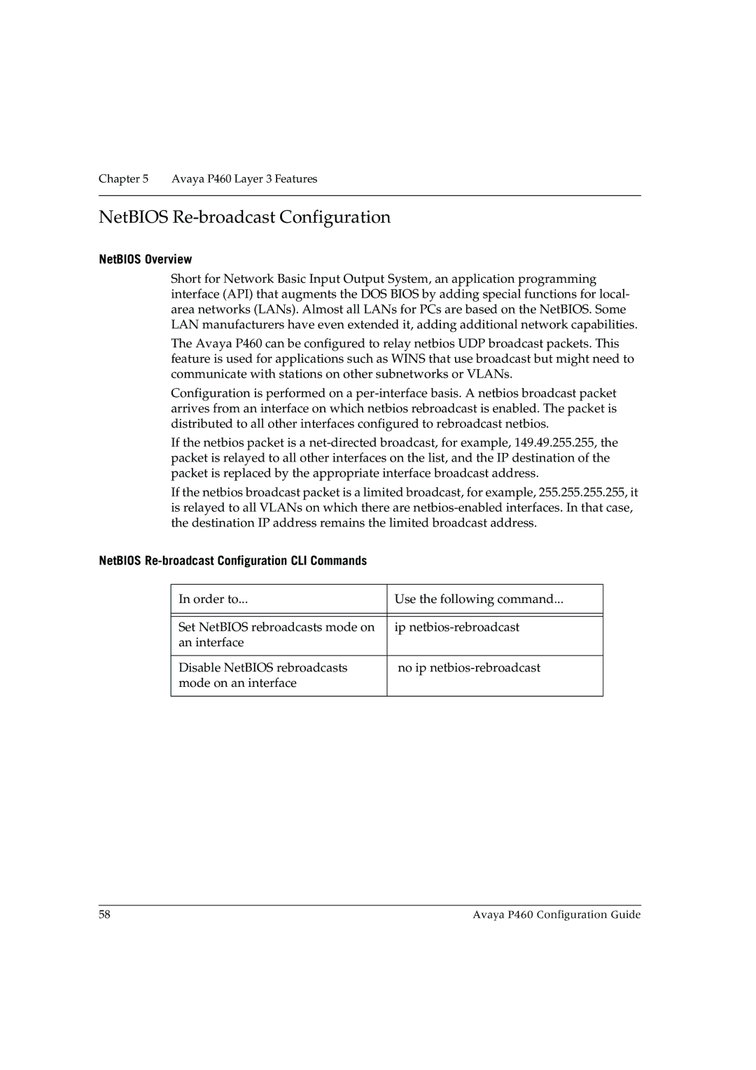 Avaya P460 manual NetBIOS Overview, NetBIOS Re-broadcast Configuration CLI Commands 