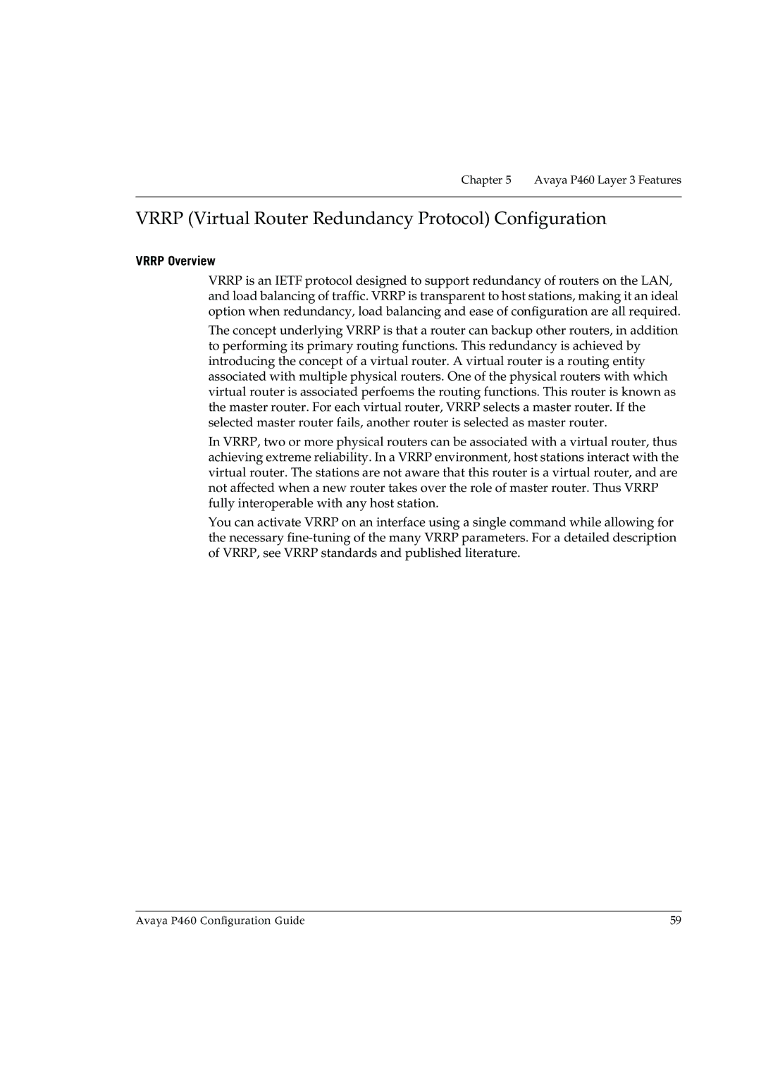 Avaya P460 manual Vrrp Virtual Router Redundancy Protocol Configuration, Vrrp Overview 