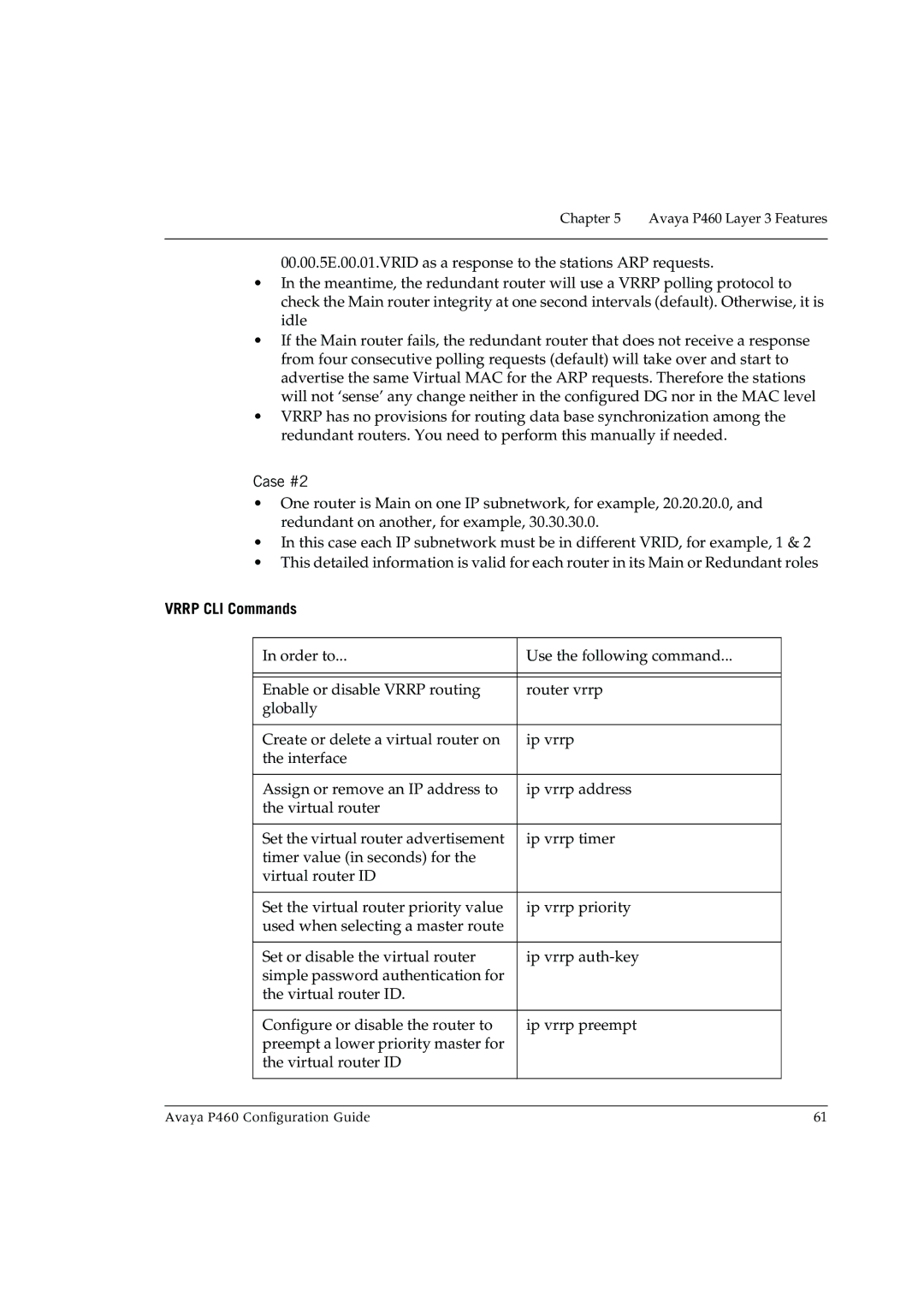 Avaya P460 manual Case #2, Vrrp CLI Commands 