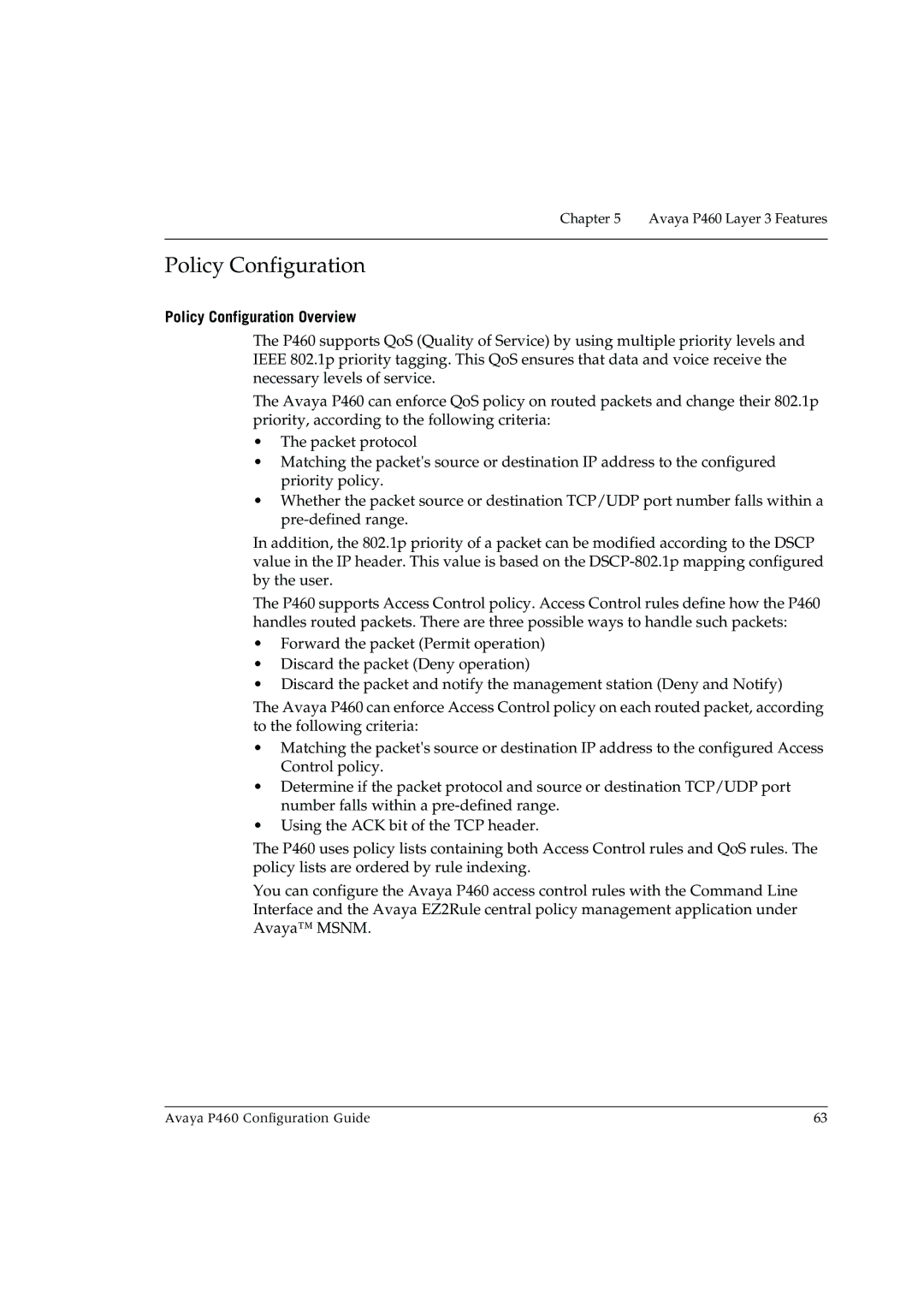 Avaya P460 manual Policy Configuration Overview 