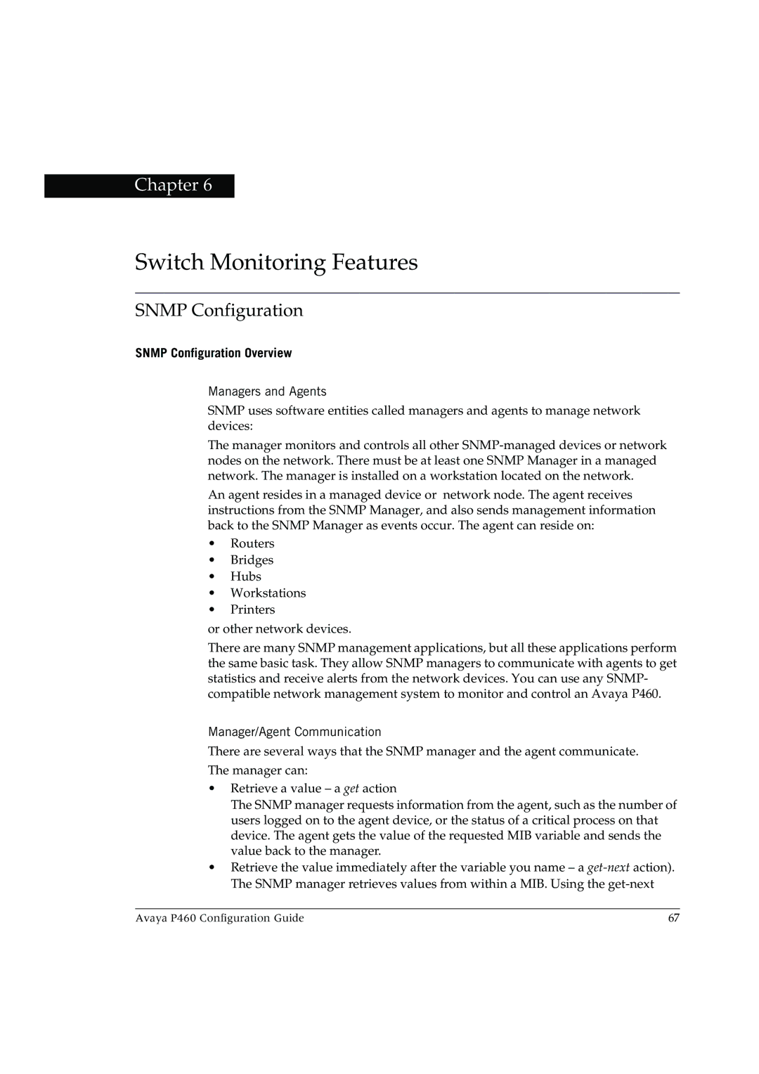 Avaya P460 Switch Monitoring Features, Snmp Configuration Overview, Managers and Agents, Manager/Agent Communication 