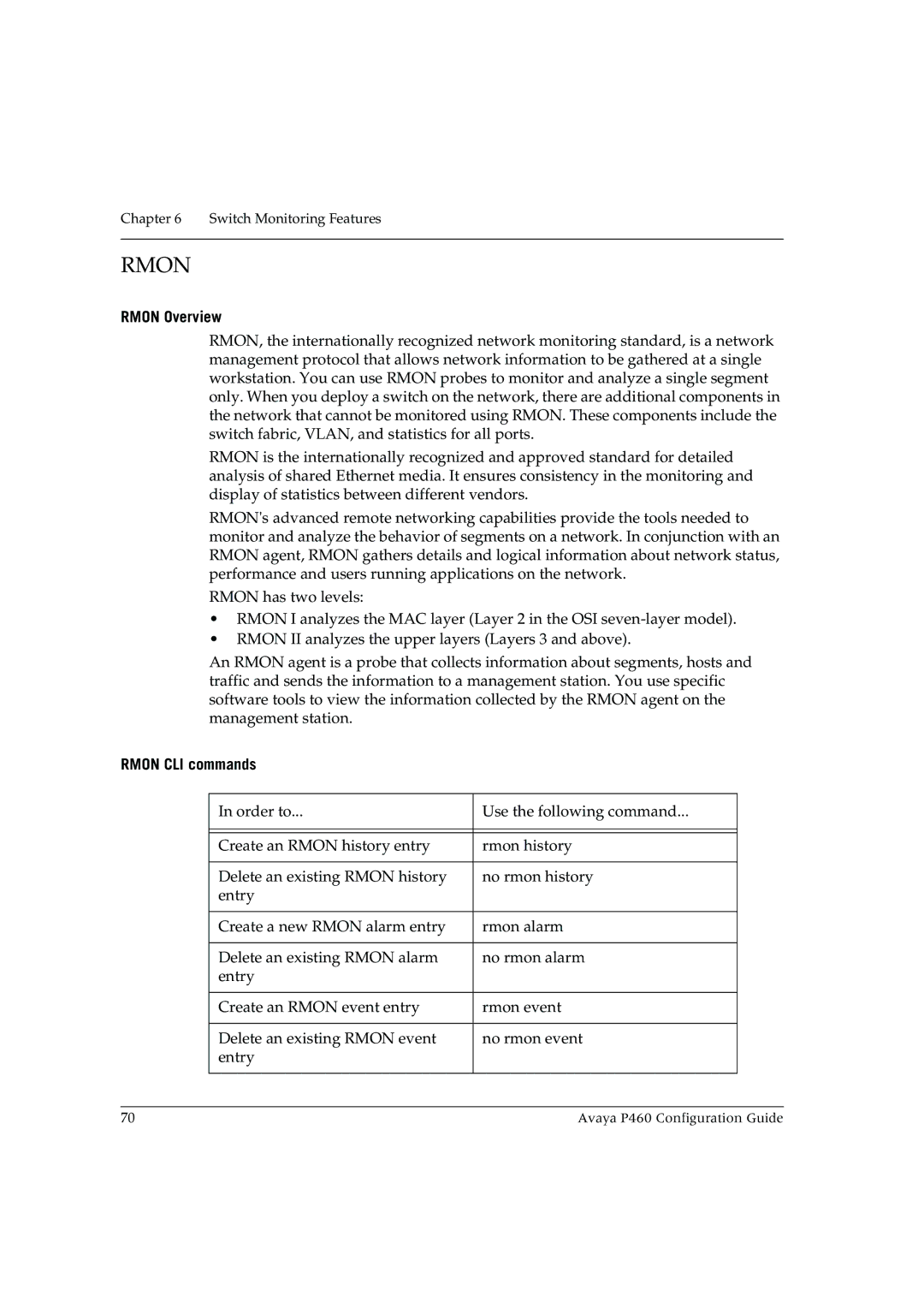 Avaya P460 manual Rmon Overview, Rmon CLI commands 