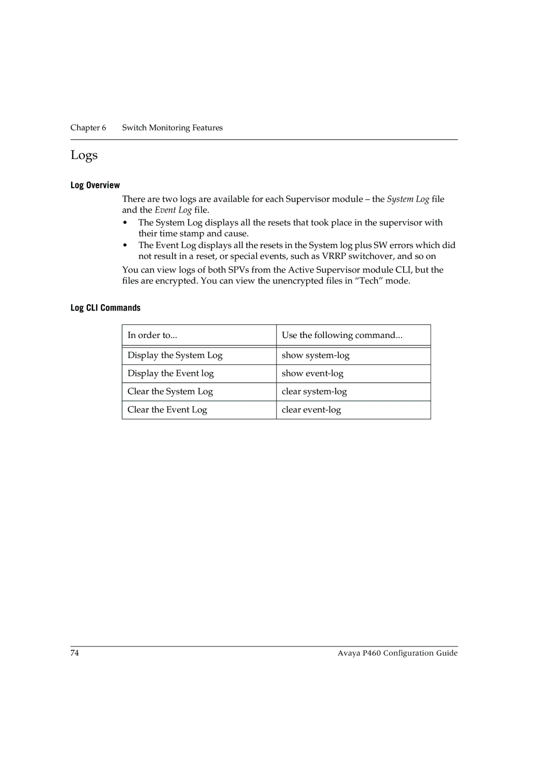 Avaya P460 manual Logs, Log Overview, Log CLI Commands 