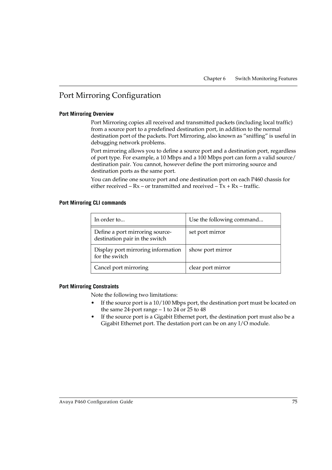 Avaya P460 Port Mirroring Configuration, Port Mirroring Overview, Port Mirroring CLI commands, Port Mirroring Constraints 