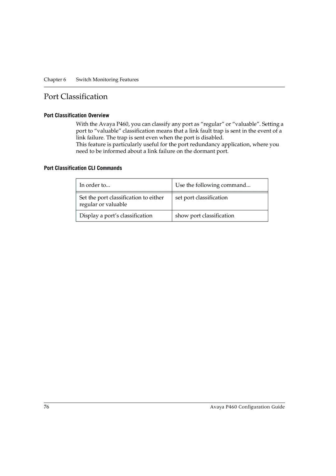 Avaya P460 manual Port Classification Overview, Port Classification CLI Commands 