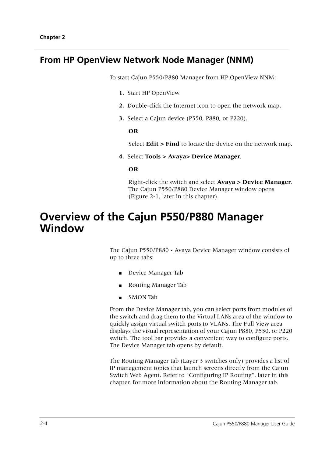 Avaya manual Overview of the Cajun P550/P880 Manager Window, From HP OpenView Network Node Manager NNM 