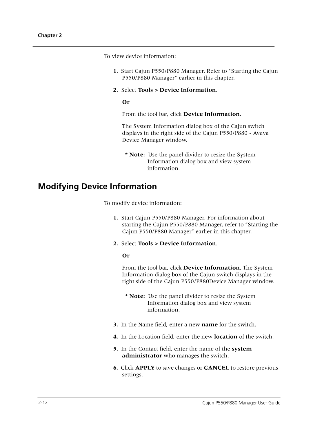 Avaya P550 manual Modifying Device Information, Select Tools Device Information 