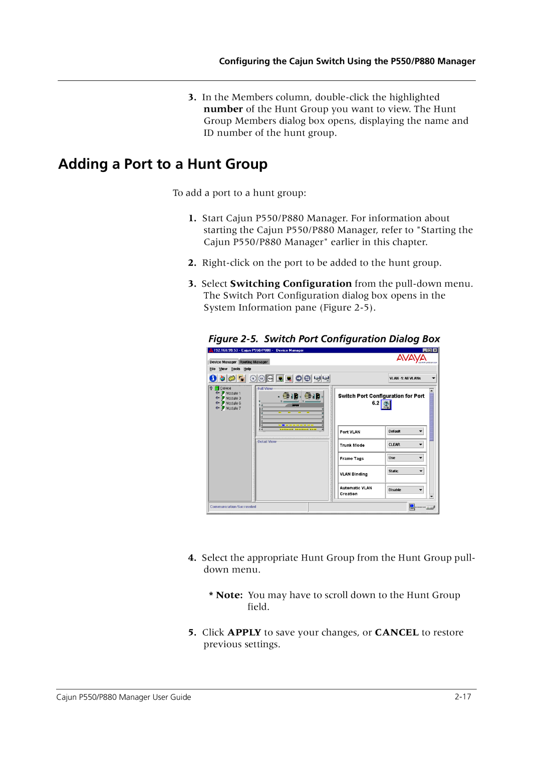 Avaya P550 manual Adding a Port to a Hunt Group, Switch Port Configuration Dialog Box 