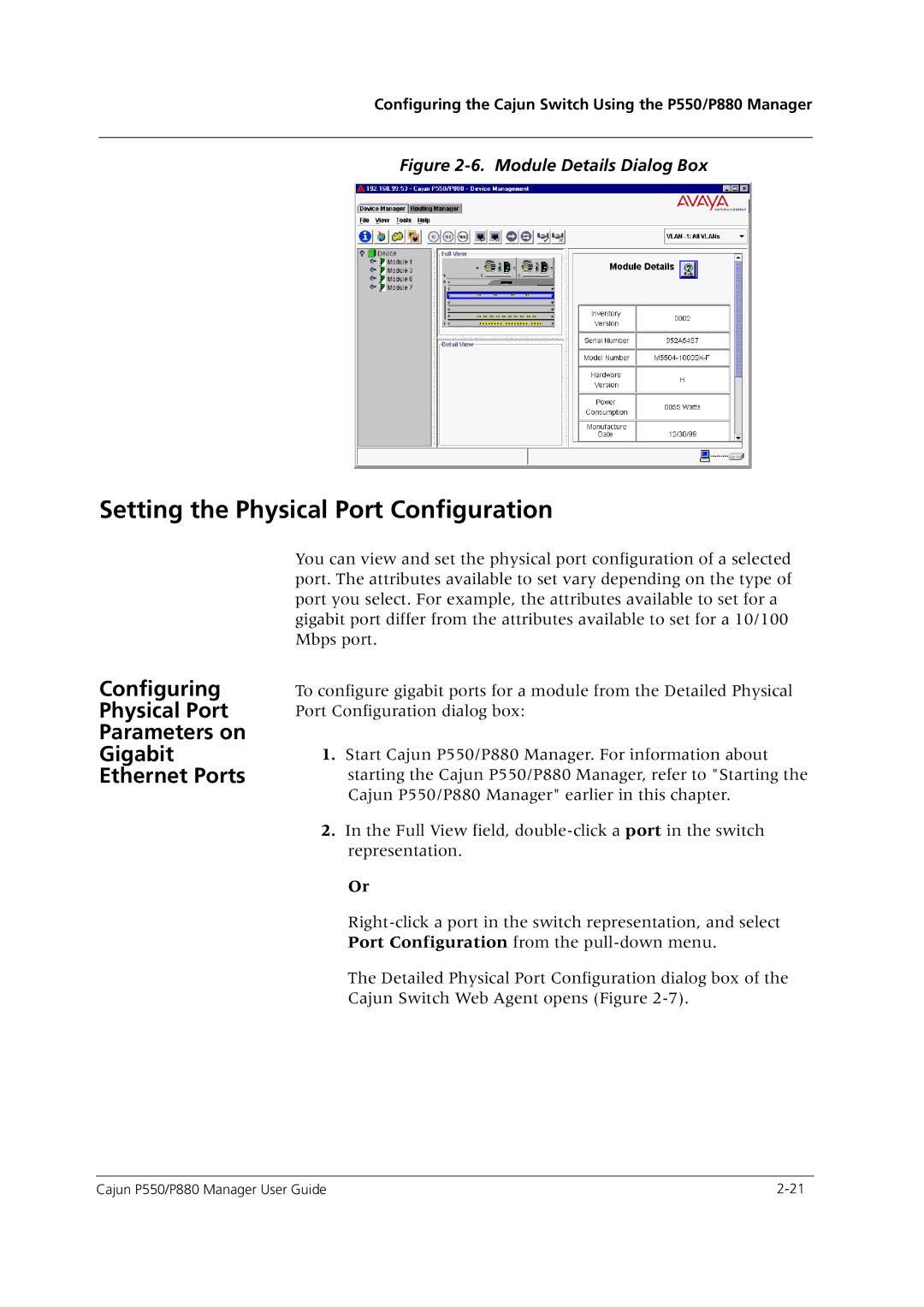 Avaya P550 manual Setting the Physical Port Configuration, Module Details Dialog Box 