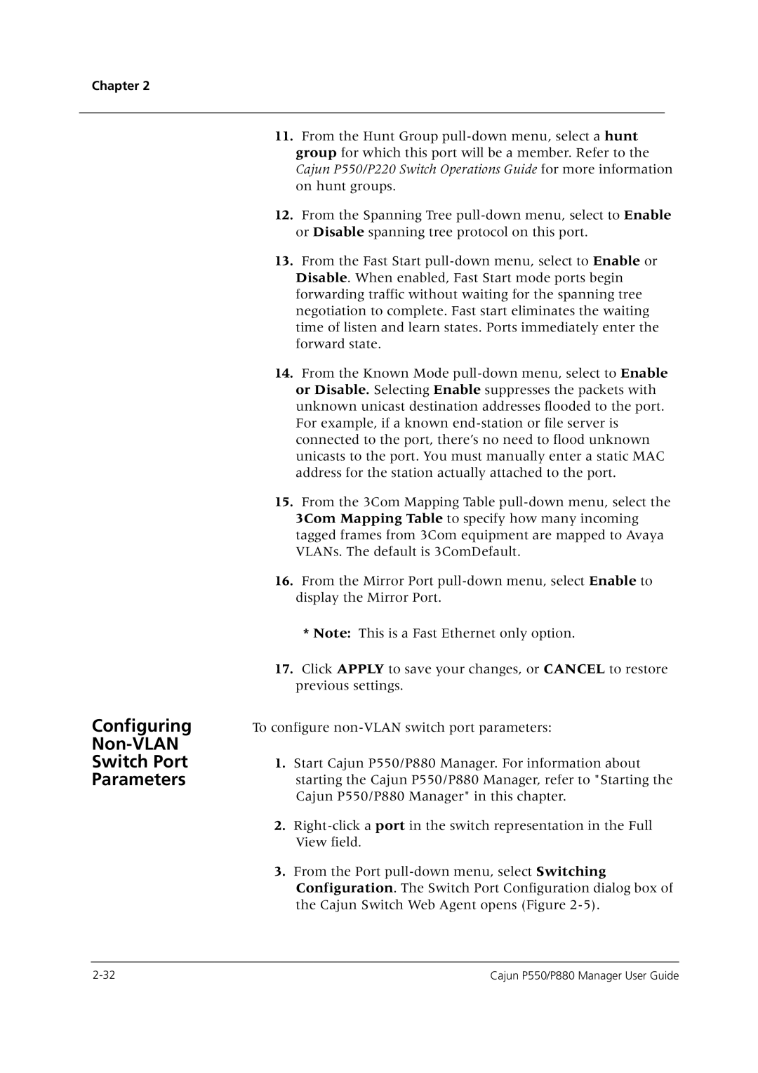 Avaya P550 manual Configuring Non-VLAN Switch Port Parameters 