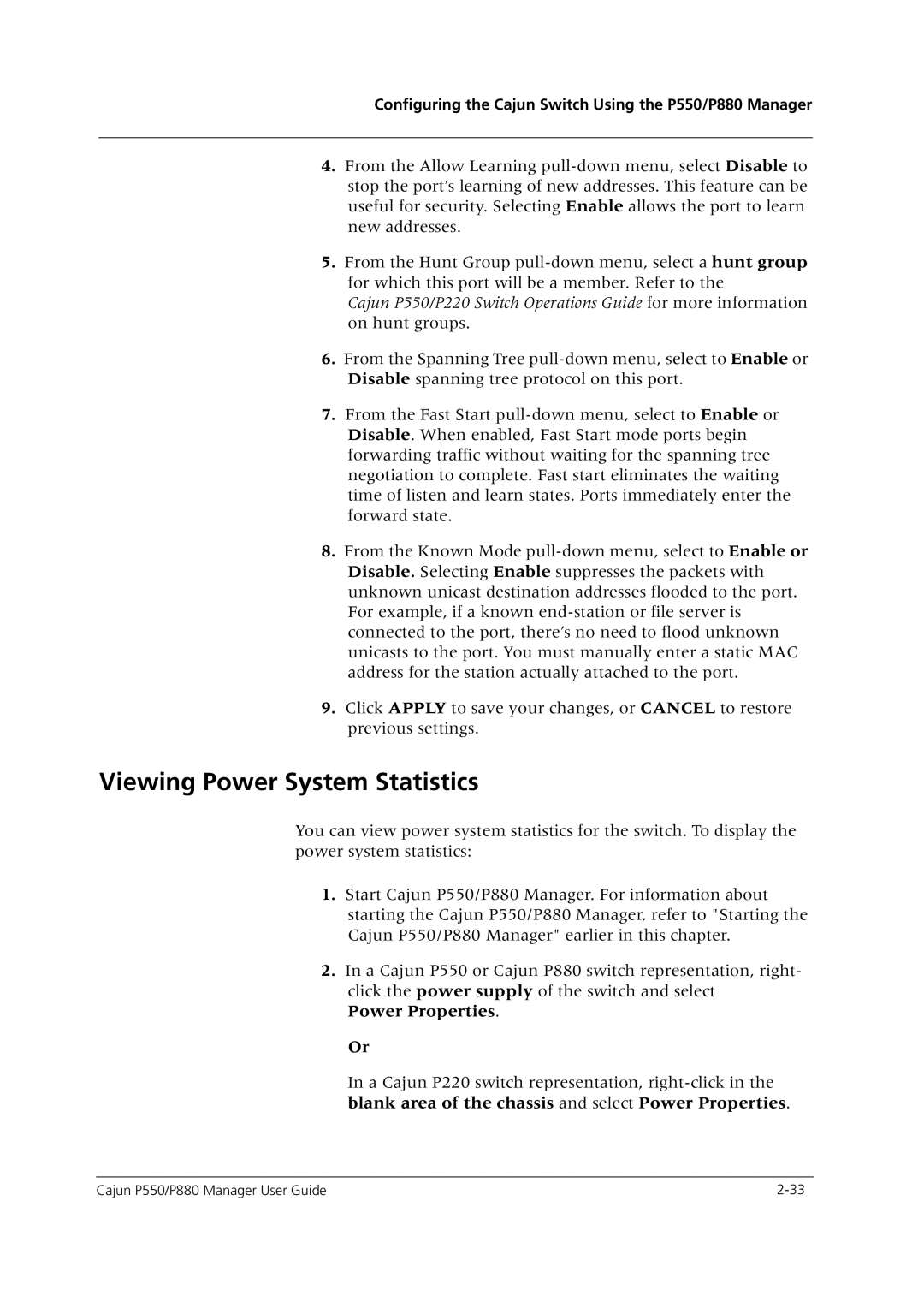 Avaya P550 manual Viewing Power System Statistics, Power Properties 