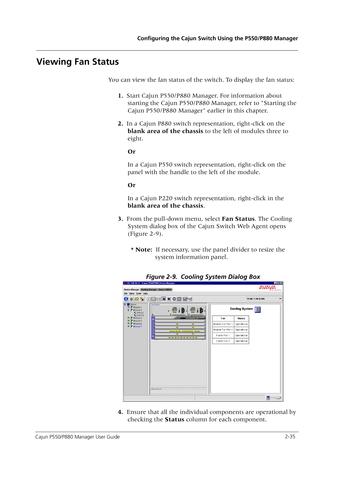 Avaya P550 manual Viewing Fan Status, Cooling System Dialog Box 