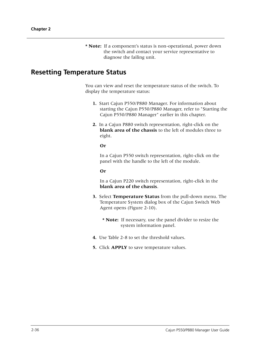 Avaya P550 manual Resetting Temperature Status 