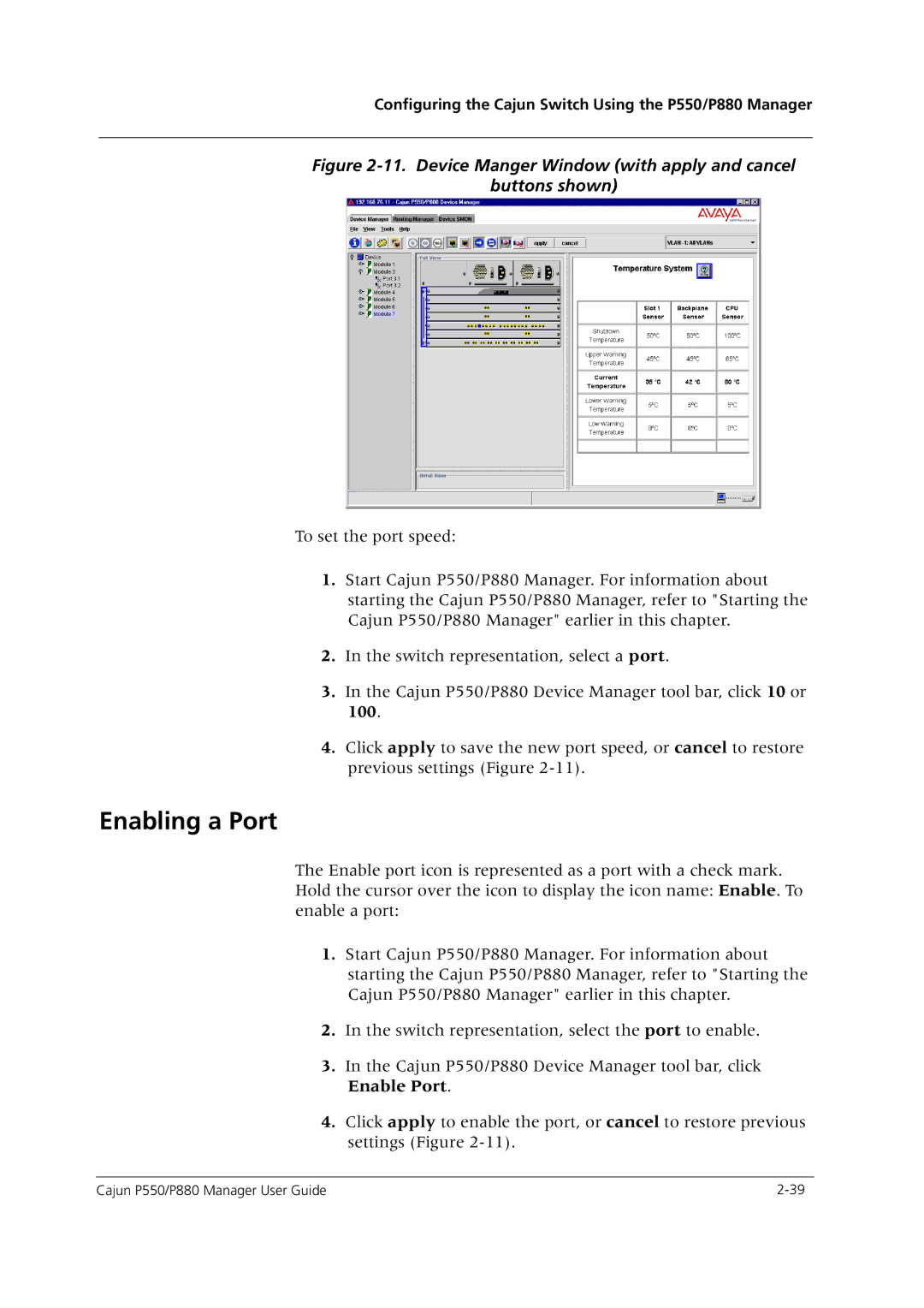 Avaya P550 manual Enabling a Port, Device Manger Window with apply and cancel Buttons shown 