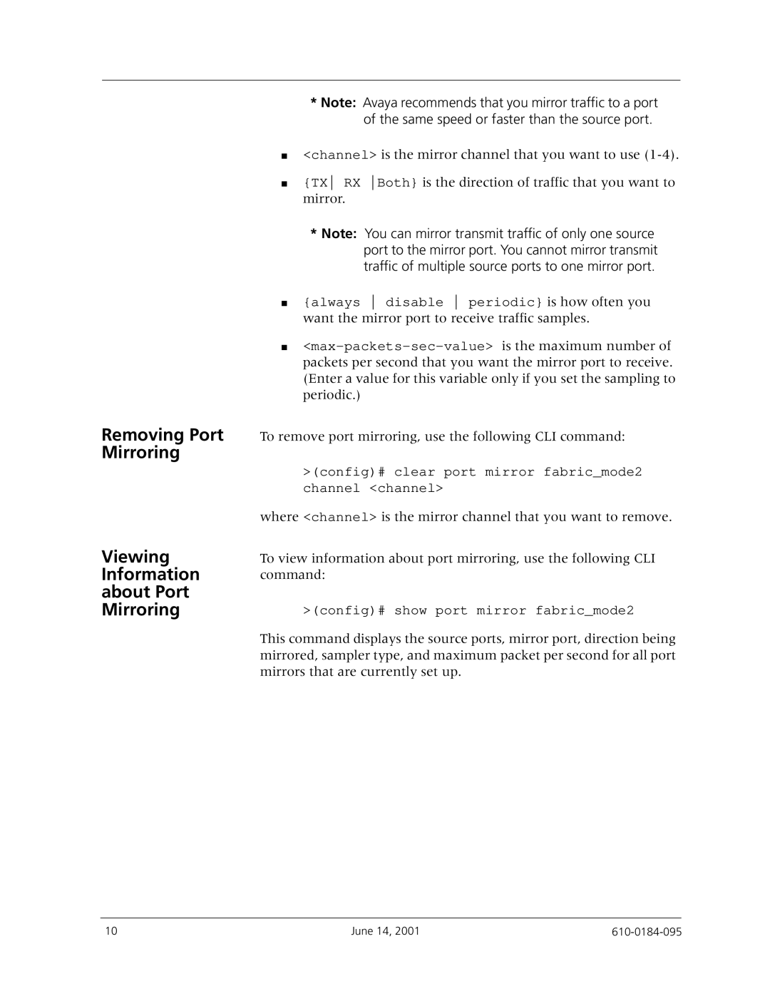 Avaya P550R, P580, P880 manual Config# clear port mirror fabricmode2 channel channel 