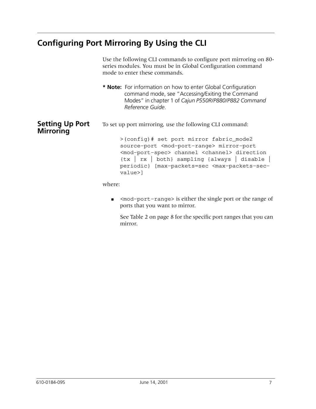 Avaya P550R, P580, P880 manual Configuring Port Mirroring By Using the CLI, Setting Up Port Mirroring 