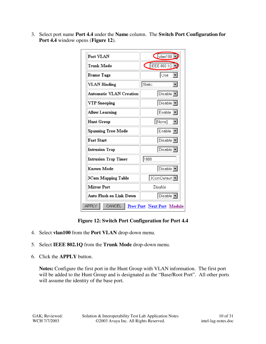 Avaya P882 manual Switch Port Configuration for Port 