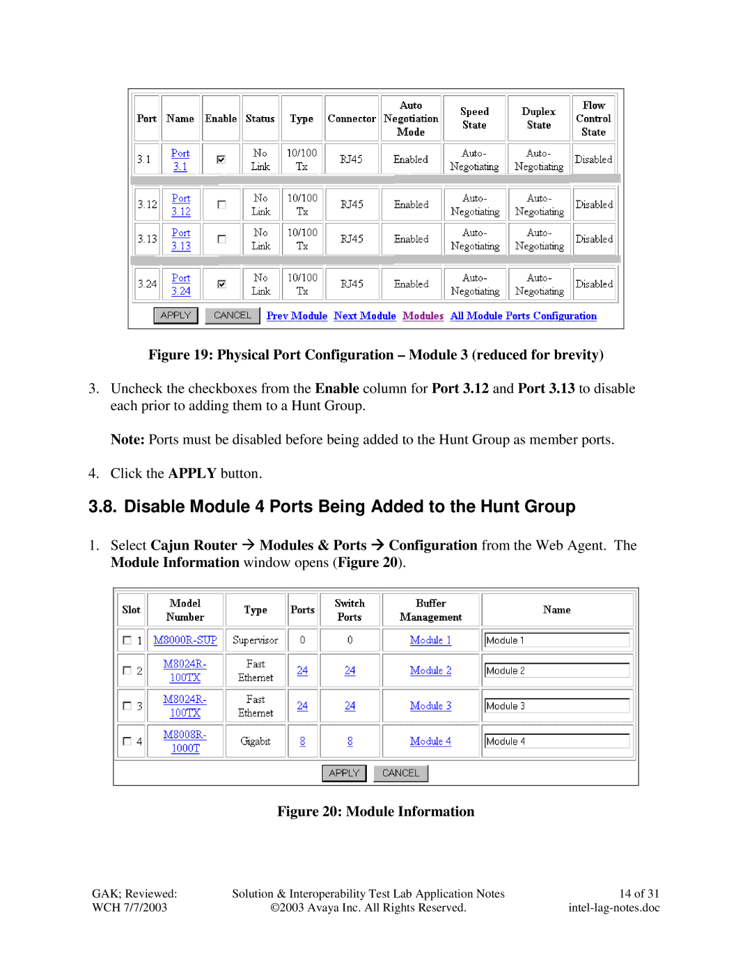 Avaya P882 Disable Module 4 Ports Being Added to the Hunt Group, Physical Port Configuration Module 3 reduced for brevity 