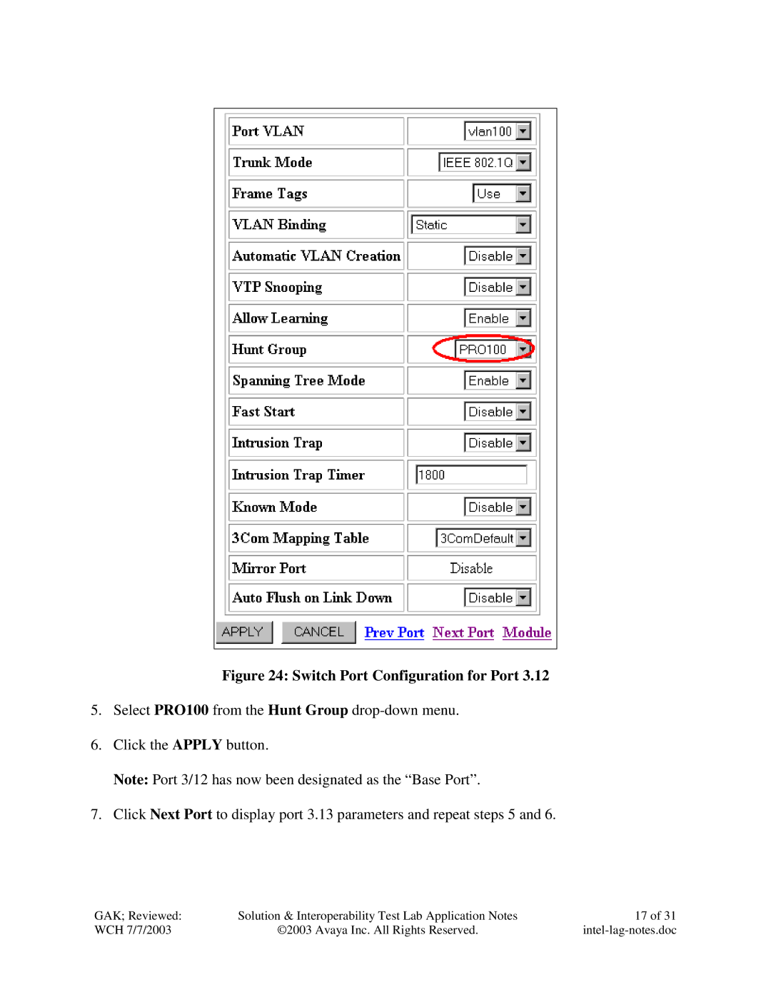 Avaya P882 manual Switch Port Configuration for Port 