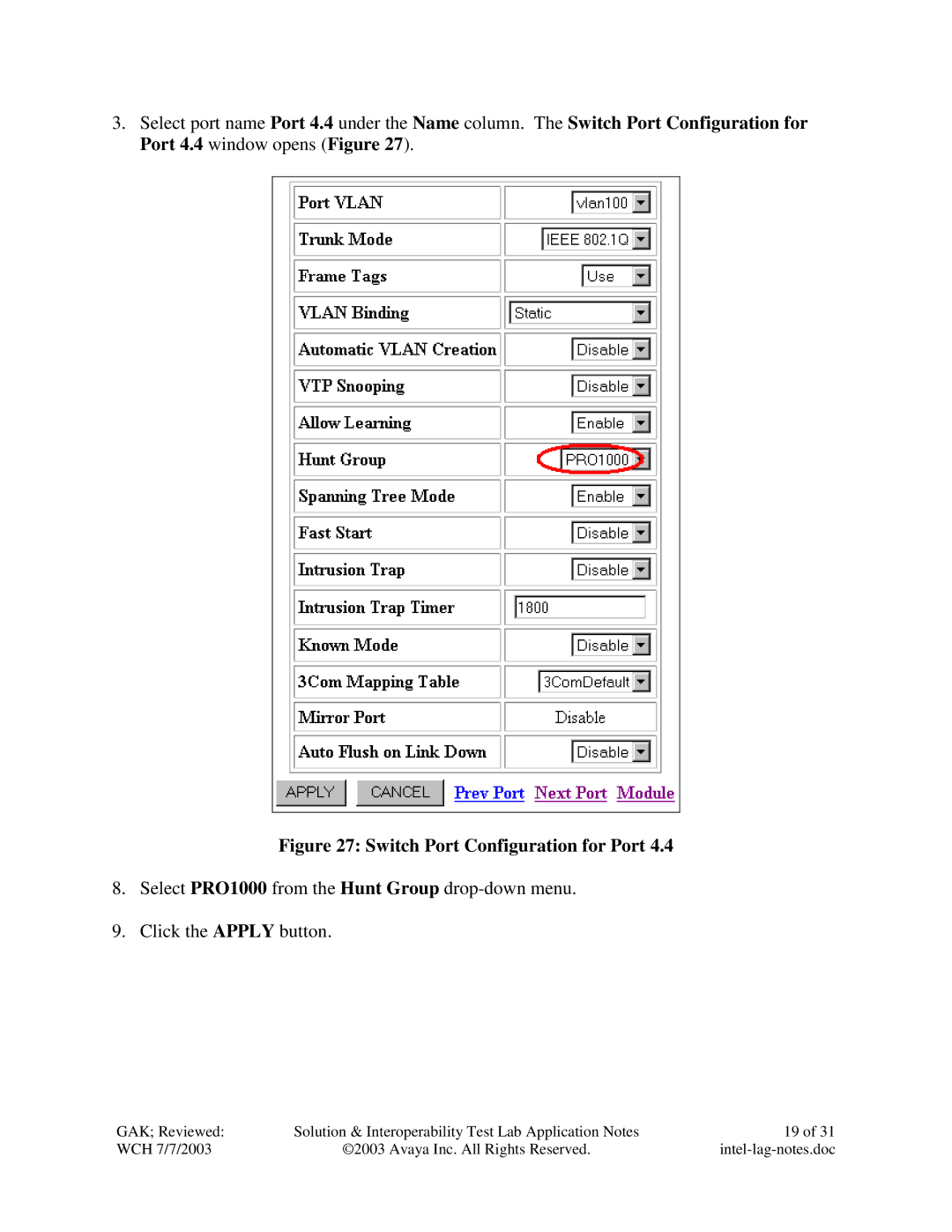 Avaya P882 manual Switch Port Configuration for Port 