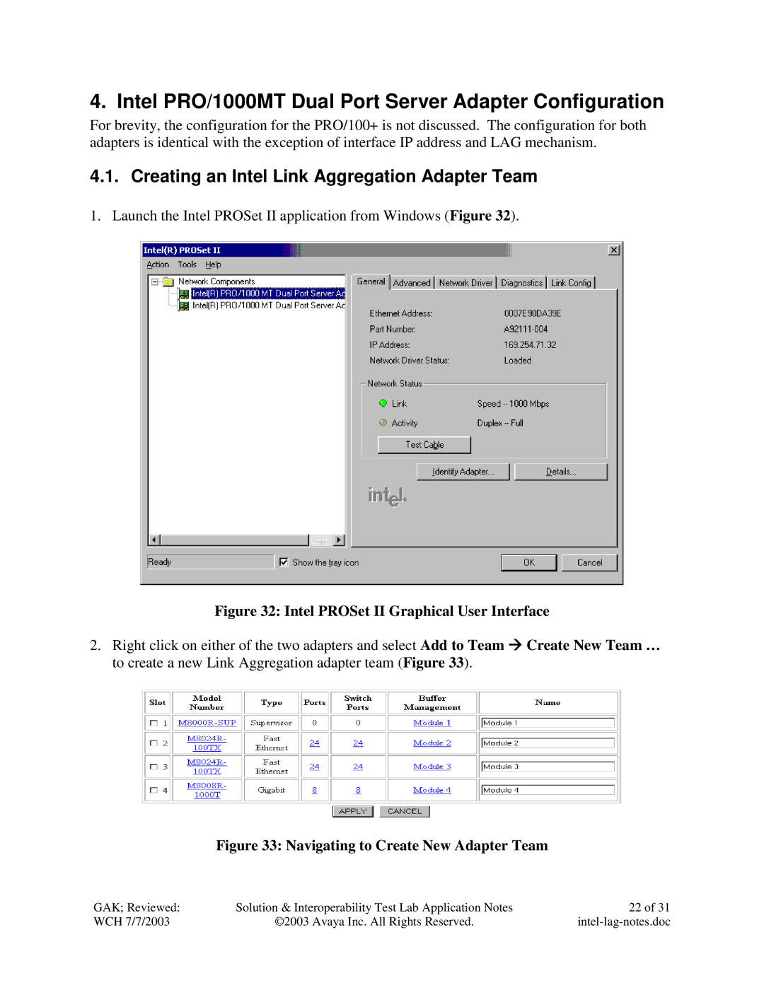 Avaya P882 manual Intel PRO/1000MT Dual Port Server Adapter Configuration, Creating an Intel Link Aggregation Adapter Team 